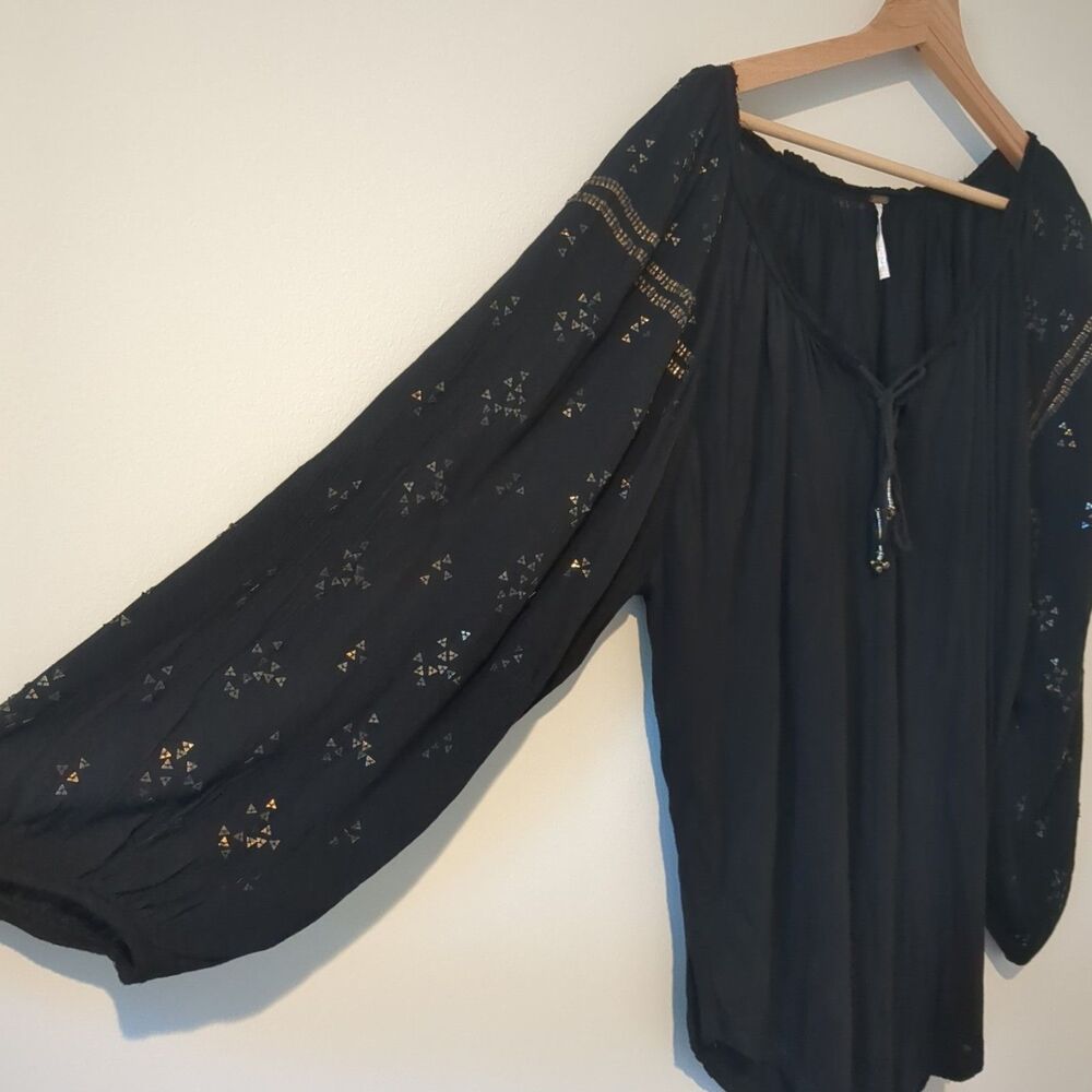 Free People Black Beaded Boho Peasant Bishop Blouse Top Size S